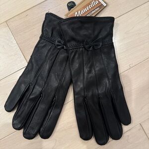 Black Leather Gloves with Bow Detail genuine leather wool lined